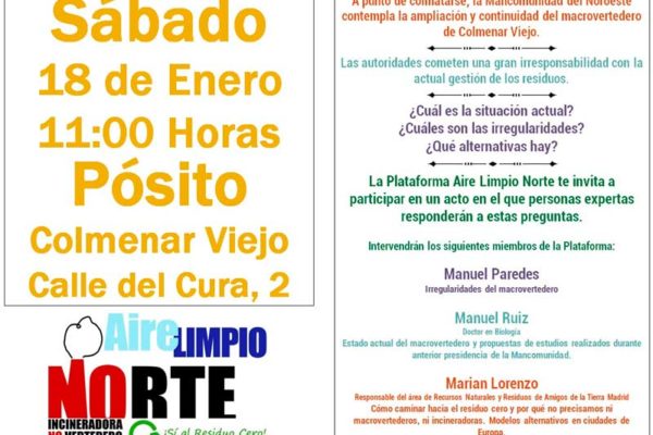 Nota de prensa acto de la Plataforma Aire Limpio en Colmenar Viejo