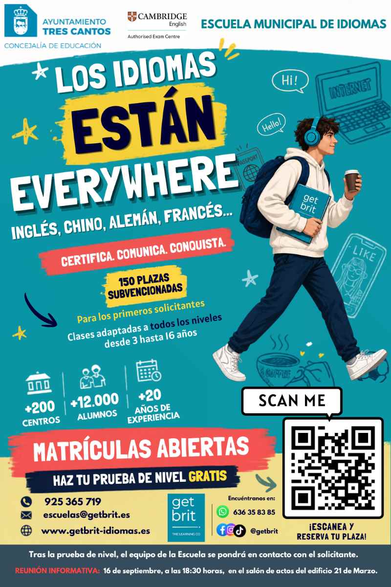 Tres Cantos iniciará el próximo curso la nueva Escuela Municipal de Idiomas, con 150 plazas y titulaciones oficiales en cuatro lenguas